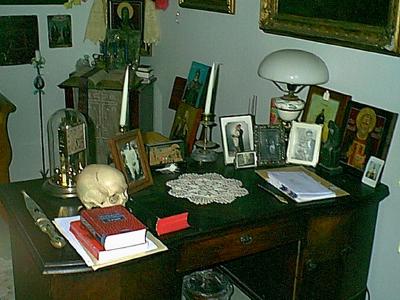 my writing desk - note the skull